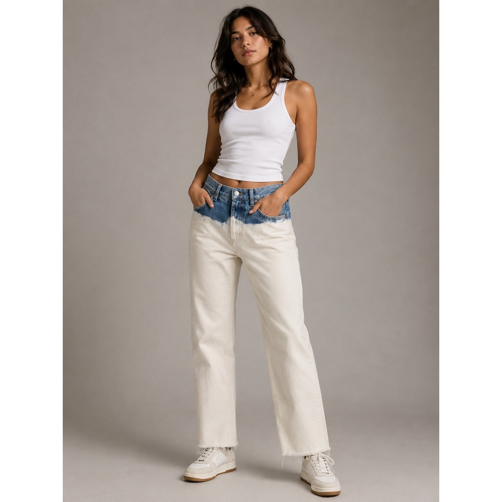 Mango MNG Denim Two Tone Dip Dye Straight Leg Jeans Blue White Raw Hem Size 6